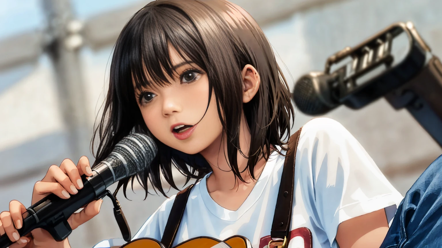 Daytime in the Philippines in the 1970s、Close-up of a woman singing passionately in front of a crowd while playing a brown acoustic guitar、Women are short and thin、Brown short bob cut hairstyle、White T-shirt and jeans