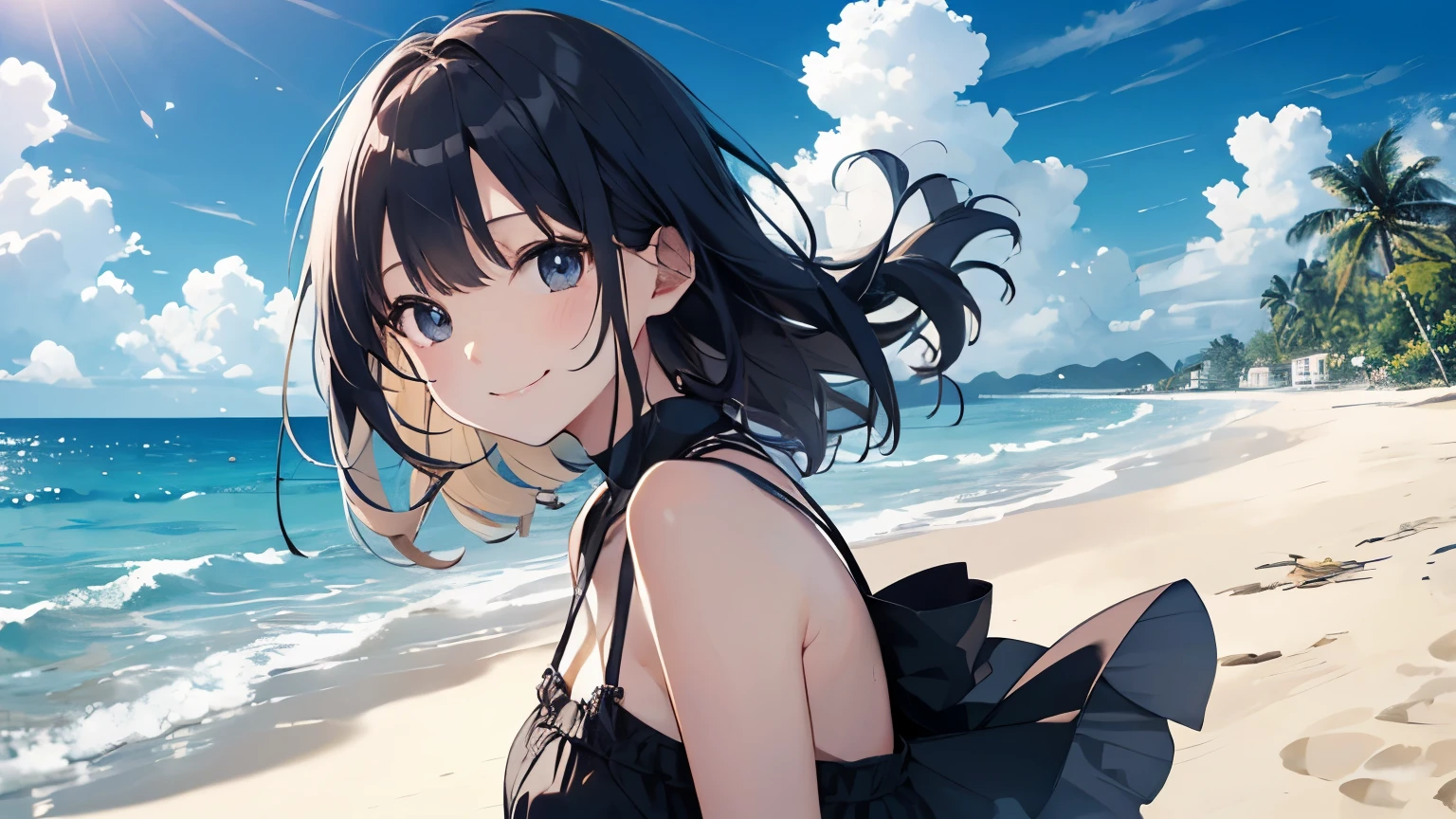 （Cute older sister:1.3）、smile,Summer atmosphere、((Strong winds))、The sky is falling,Ocean,Tropical atmosphere,Relaxing