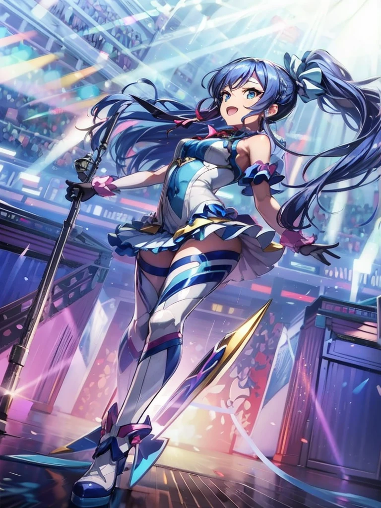 ,aikatsu,1 girls,in senki zesshou symphogear style , Blue long hair,Side Pony tail,Blue and White battle suit,BREAK,ultra-definition, high resolution, ultra-detail CG,caustics, Live stage, in front of super large vision, singing, stand microphone ,