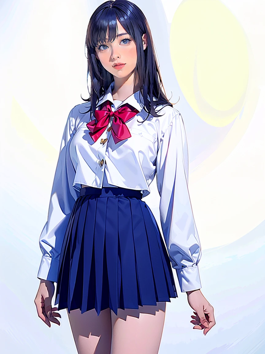(Highest quality、Masterpiece、8K、Highest quality、Hyperrealism、Ultra HD)、(White polyester collared blouse:1.2)、rather short skirt、(Navy Pleated Skirt:1.5)、( Red bow tie on chest:1.1)、Perfect Style、Perfect body line、Large Breasts、Slender body、Perfect beautiful anime style、Smooth anime CG art、(The simplest pure white background:1.1)、standing elegantly、(Panties shot from below:1.2)、 can see her panties:1.2)、Embarrassed expression、smile