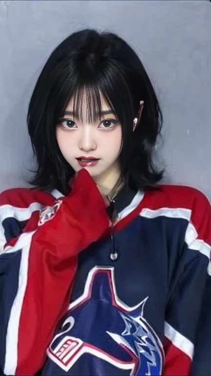 a closeup of a person wearing a hockey jersey, anime girl in real life, anime inspired, chica anime cosplay, 1 7  anime gothic girl, anime vibes, animated styled, Realist anime 3 d style, hyper Realist anime, cosplay anime, animated style, Realist anime, animated style only, awesome anime face portrait, Sakimichan