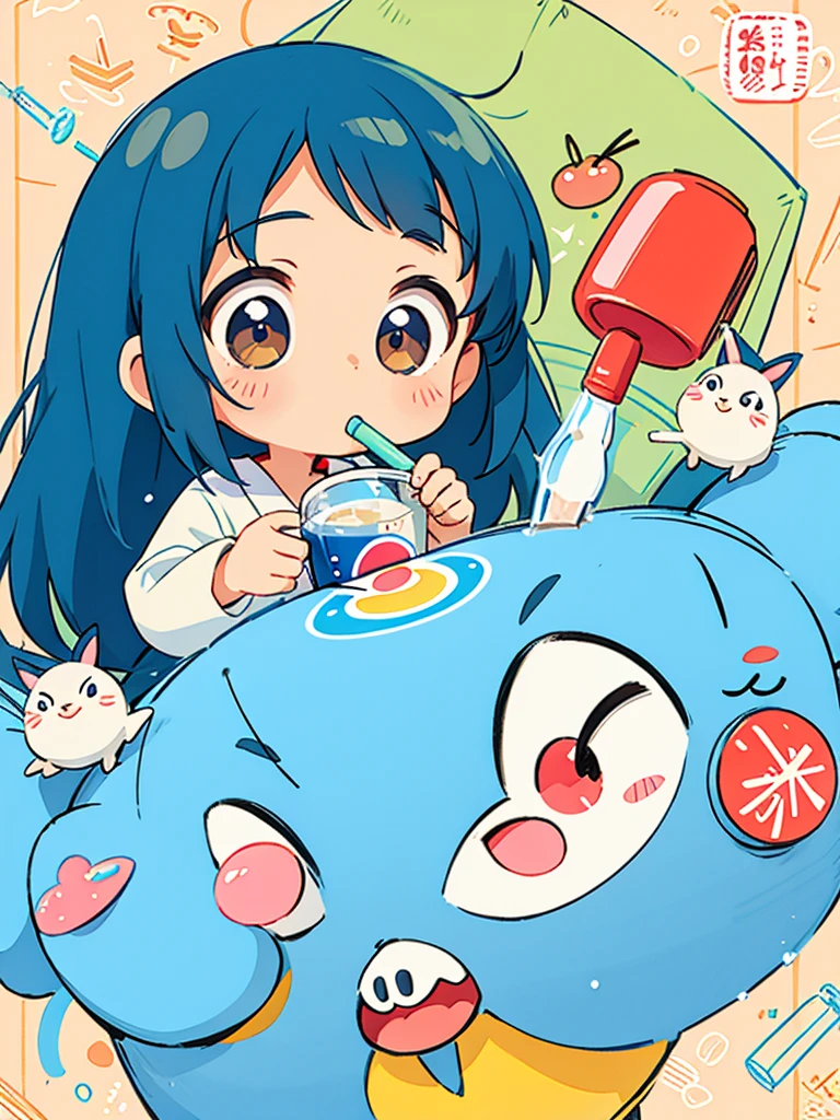 Hayao Mayazaki style, Kawaii Design, The most beautiful girl of all time、Chibi, drinking, Pepsi