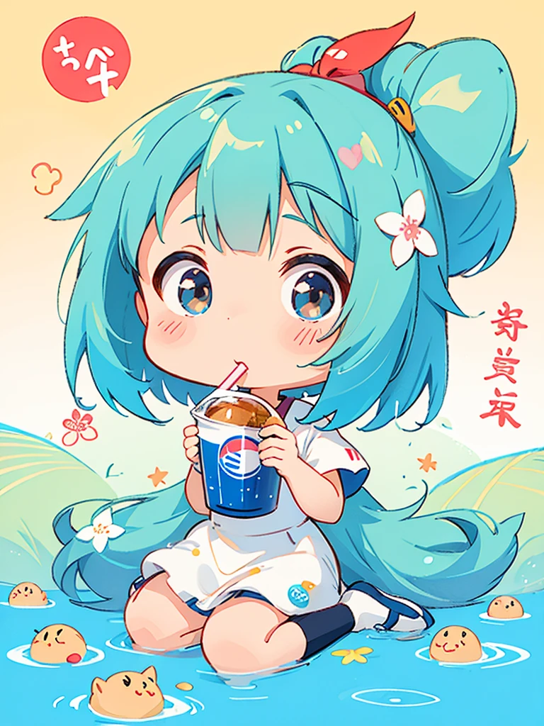 Hayao Mayazaki style, Kawaii Design, The most beautiful girl of all time、Chibi, drinking, Pepsi