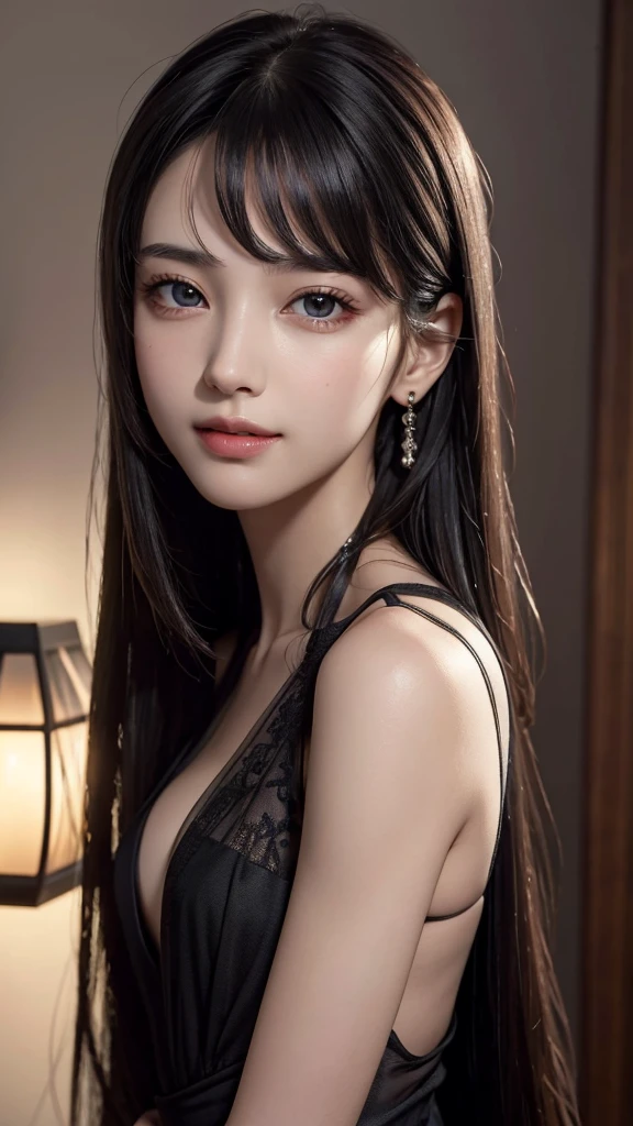 (surreal), (Improved resolution), (8K), (very detailed), (best figure), (beautiful and detailed eyes), (highest quality), (super detailed), (masterpiece ), ( wallpaper), (detailed face), alone, 1 girl, looking at the viewer, small details, detailed face, in the dark, deep shadow, discreet key, Pure face ace_V1, smile, long hair, black shawl straight hair , 46 point diagonal bangs(translucent no black dress