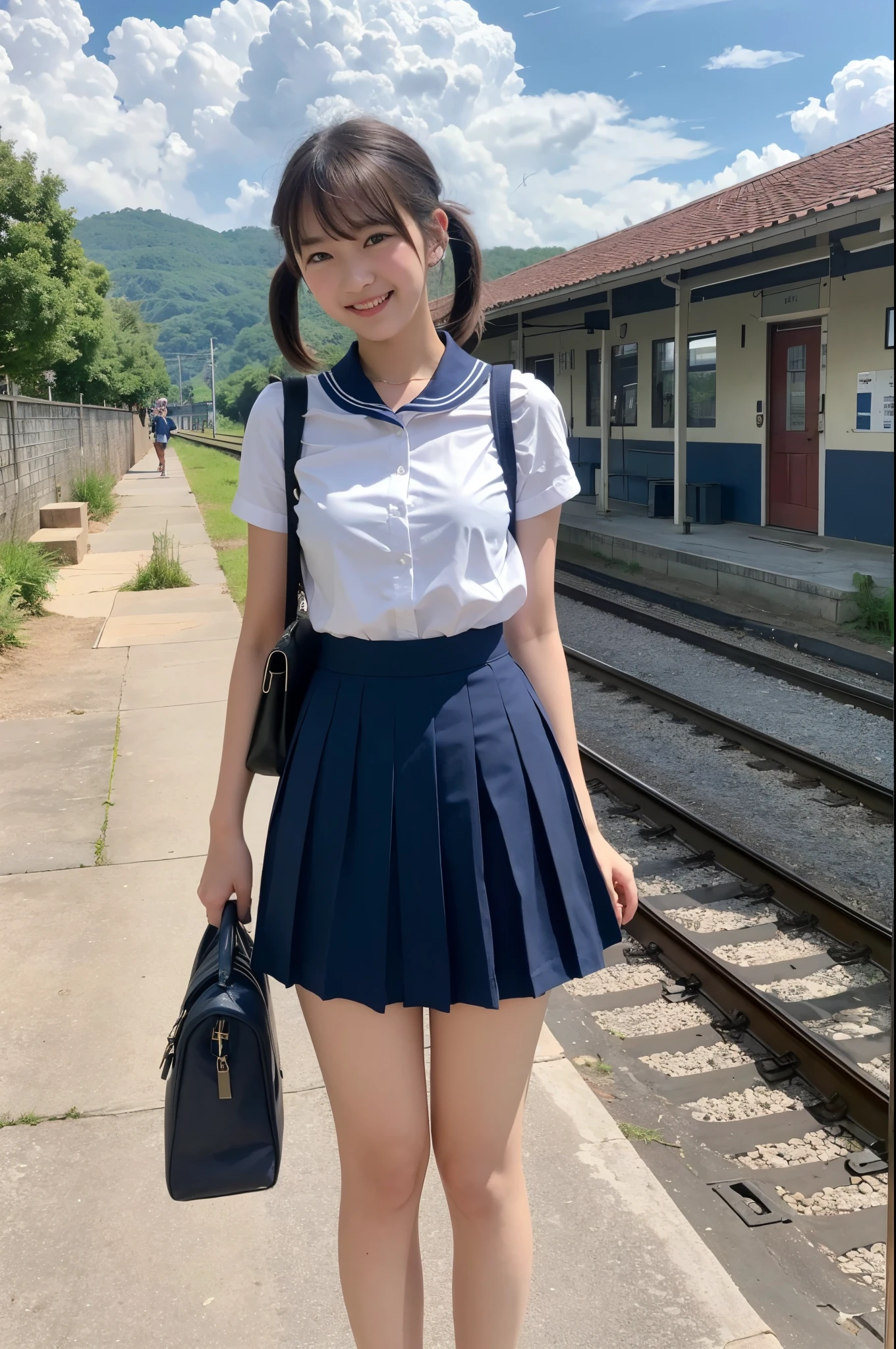 girls in rural railway station,train on far side,cumulonimbus cloud in summer sky,short-sleeved white shirt with sailor collar,navy blue pleated skirt,school bag,18-year-old,bangs,a little smile,thighs,knees,short hair with low pigtails bunches,from beside,front light