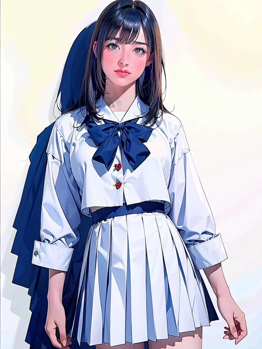 (Highest quality、Masterpiece、8K、Highest quality、Hyperrealism、Ultra HD)、(White polyester collared blouse:1.1)、(A completely navy pleated skirt:1.6)、( Red bow tie on chest:1.1)、Perfect Style、Perfect body line、Large Breasts、Slender body、Perfect beautiful anime illustration、(The simplest pure white background:1.1)、standing elegantly、(Panties shot from below:1.2)、 can see her panties:1.2)、Embarrassed expression、smile