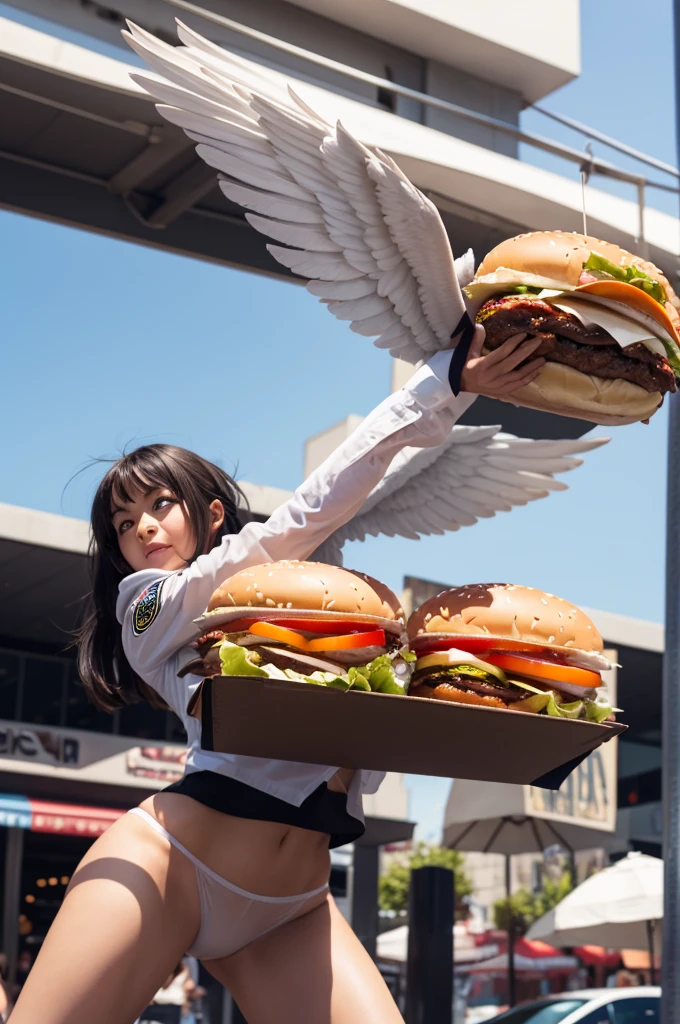 I want a photo of a flying burger with wings