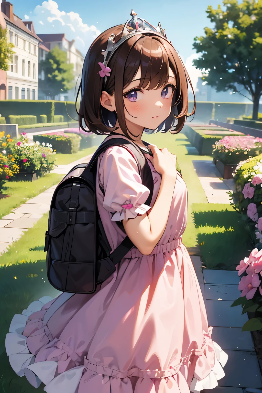masterpiece, Highest quality, High resolution, One girl, alone, Brown Hair, short hair, Purple eyes, Mole under the eye, Cowboy Shot, Frill dress, tiara, Pink Dress, city, Outdoor, garden, With a backpack on, (randoseru backpack:1.1)