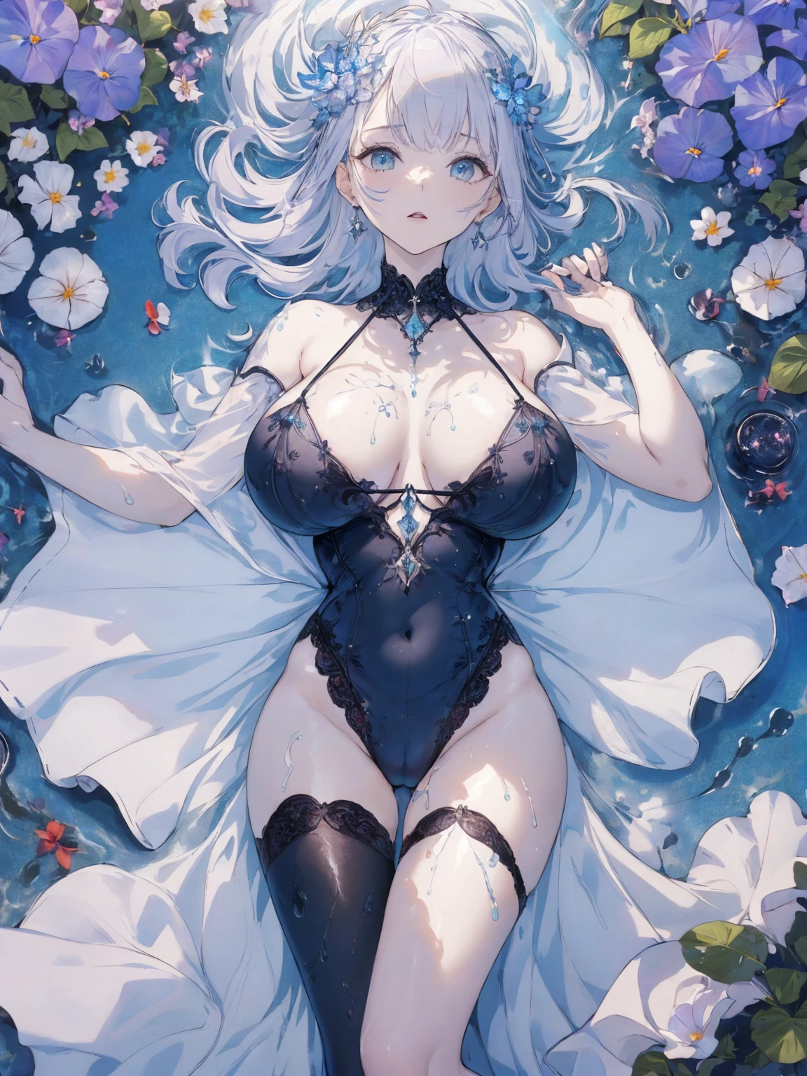 (water photo:1.1, in blue waterfront garden:1.5), Masterpiece, best quality, (very detailed CG unity 8k wallpaper), (best quality), High definition RAW color art, Animation,sculptures, (black Marble Skin), (((Ultra detailed elegant))), Magical atmosphere, Detailed skin, Texture,(Intricately detailed, Fine detail, ultra-detail art), depth of fields, bokeh, Silky Touch, Hyper Detail, beautiful eyes, Elegant Face, (lying on pastel white waterfront, morning glory), sparkle background, enormous breast:1.3, (silver hair), pastel purple, embarrassing red face, wide open udder, shorthair, nsfw frill bikini, fat, upper body, --sref 3421909812