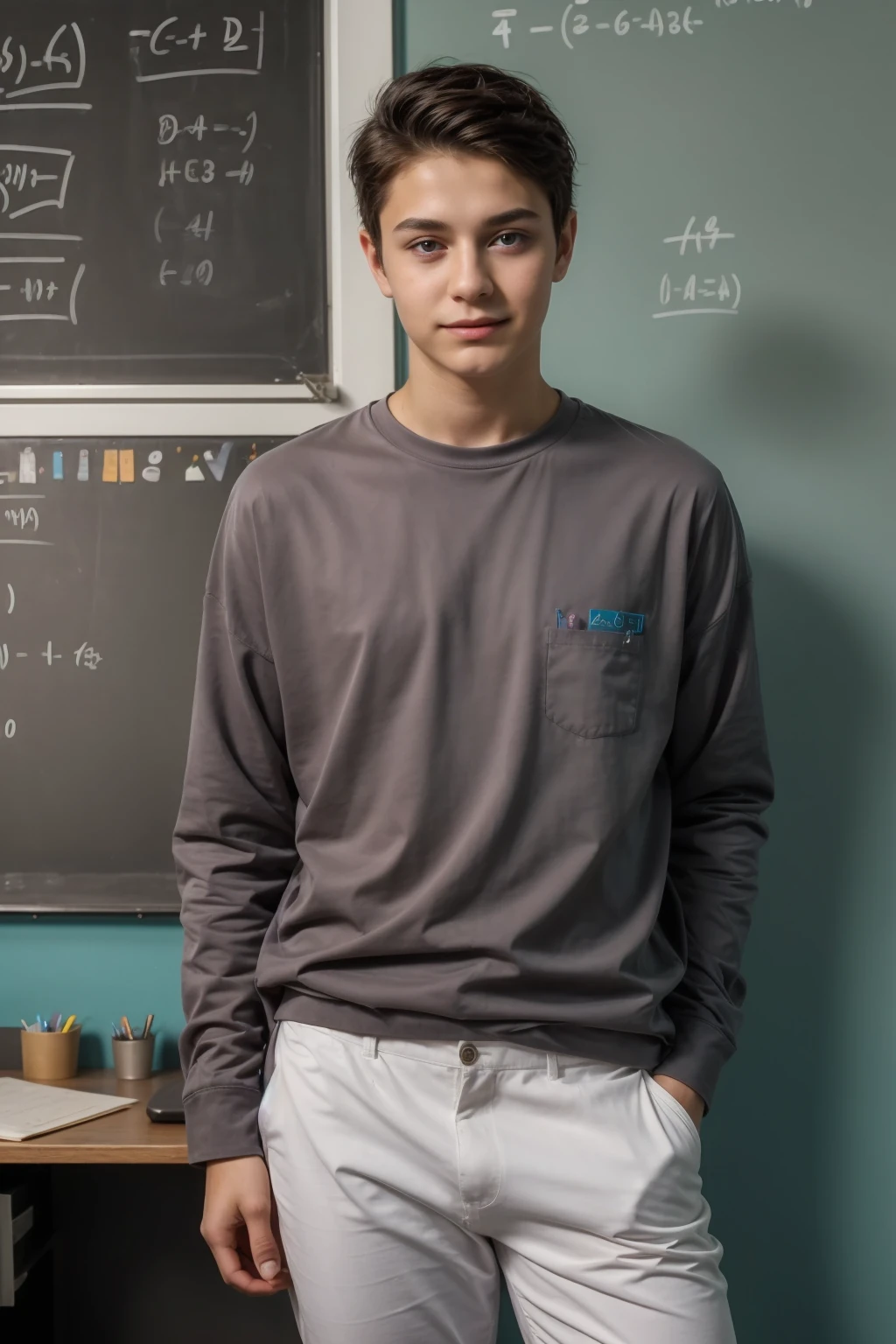 A beautiful young male twink with black hair and a face with makeup. He is wearing a long-sleeved white shirt with a tight fit and aqua blue pants. He is in his office and behind him is a blackboard with calculus equations written on it, and he looks proudly with reddened cheeks.