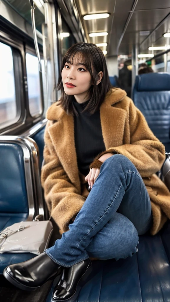 A full-body photo of a mature Japanese gal with flashy hair wearing pumps, a cute fur coat, and shiny, thin, short black leather gloves.,Five fingers,Inside the train,Voyeur,Heavy makeup face eyeshadow,mascara,cross the her legs,Ultra-detailed face, open eyes,Black socks,Skinny denim pants style,She looks at the photographer with an inviting expression.,This photo was taken in daylight with soft lighting..、sitting in a subway train seat.。. This photo was taken by someone on their cell phone..、Apparently it was posted on Snapchat.。.