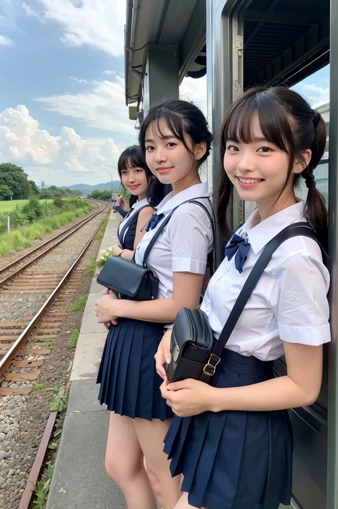 girls in rural railway station,train on far side,cumulonimbus cloud in summer sky,short-sleeved white shirt with sailor collar,navy blue pleated skirt,school bag,18-year-old,bangs,a little smile,thighs,knees,short hair with low pigtails bunches,from beside,front light