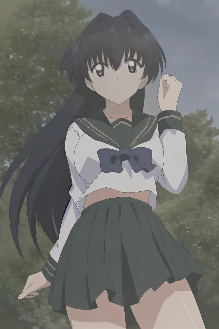 Kagome, 1 girl, Alone, long_Hair, looking_in_viewer, open_boca, negro_Hair, long_sleeves, Brown_eyes, school_uniform, standing, cowboy_shooting, pleined_Skirt, outdoor, sky, day, sailor_neck, tree, Handkerchief, green_Skirt, forest