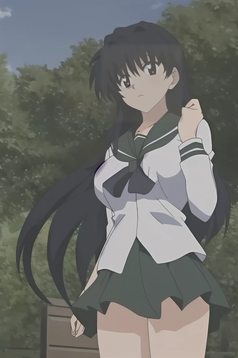 Kagome, 1 girl, Alone, long_Hair, looking_in_viewer, open_boca, negro_Hair, long_sleeves, Brown_eyes, school_uniform, standing, cowboy_shooting, pleined_Skirt, outdoor, sky, day, sailor_neck, tree, Handkerchief, green_Skirt, forest