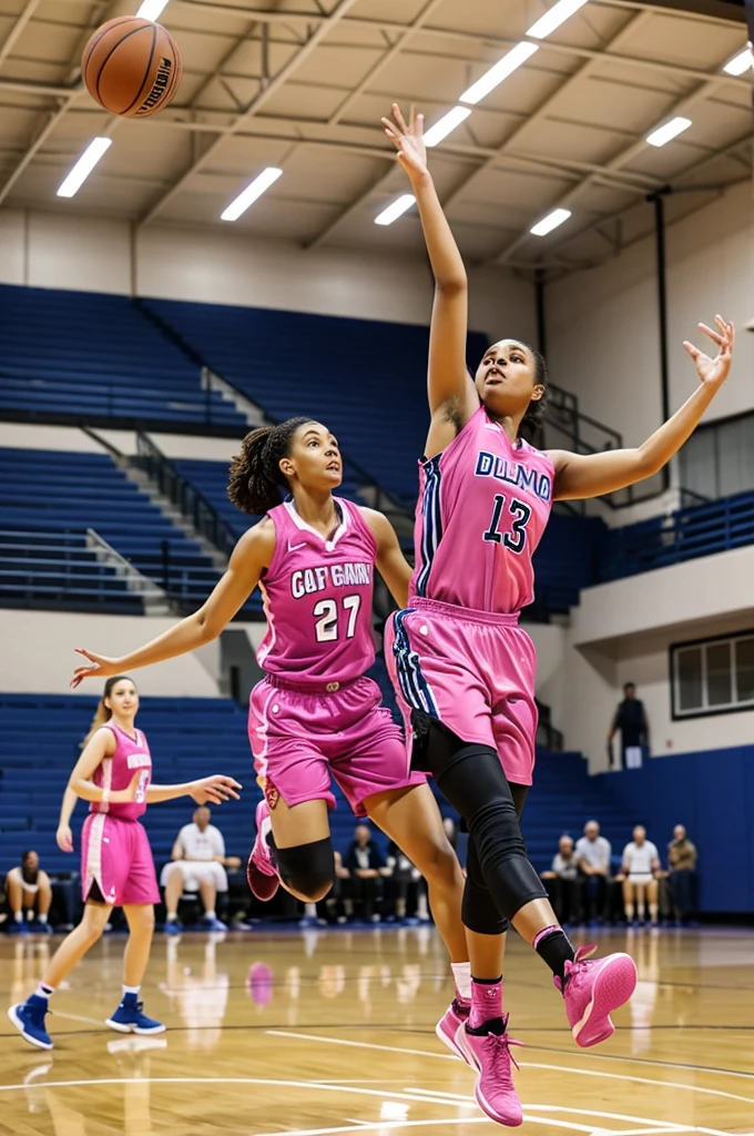 1 woman playing basketball in a pink uniform