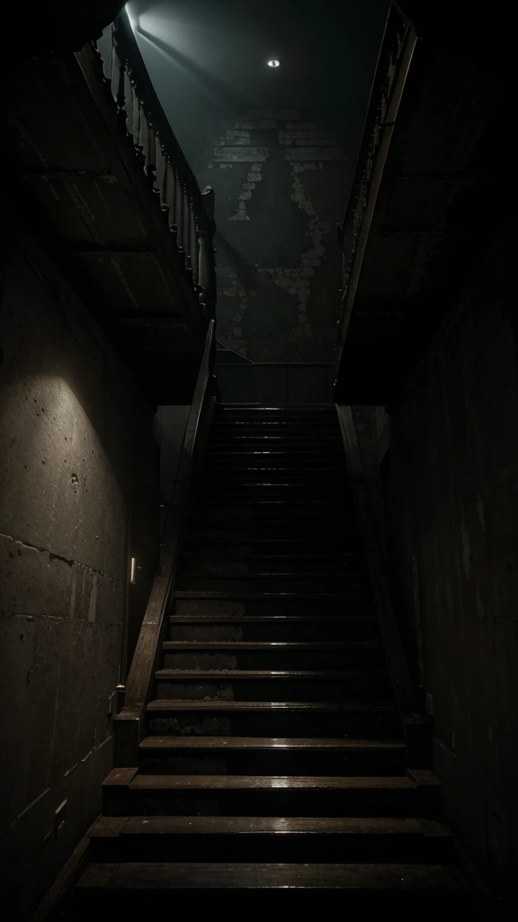 A dark and steep staircase descending into a lower level of the basement, (best quality,4k,8k,highres,masterpiece:1.2),ultra-detailed,(realistic,photorealistic,photo-realistic:1.37),HDR,UHD,studio lighting,extreme detail description,professional,vivid colors,dramatic lighting,chiaroscuro,moody,grim,haunting,mysterious,eerie atmosphere,cinematic composition