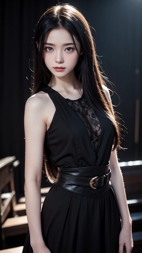 13 year old girl with pale skin and long teens, Straight black hair. Big, Dark eyes , With an intense and enigmatic look. a smile、Wear Orphan Movie Clothing Styles, With a more elegant and sophisticated touch, Match her mysterious and intense personality. Overall, Her appearance is impressive, Attract curious and intriguing looks. flat-chest, Cinematic lighting, chromatic abberation, Backlighting, masutepiece, high details, High quality, 4K.