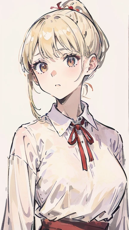 Creating a beautiful light blonde woman, Her hair is tied in a ponytail around her neck, with a few loose strands framing her face, Pale skin, Brown eyes, Wearing a white shirt and purple dress, Red ribbon