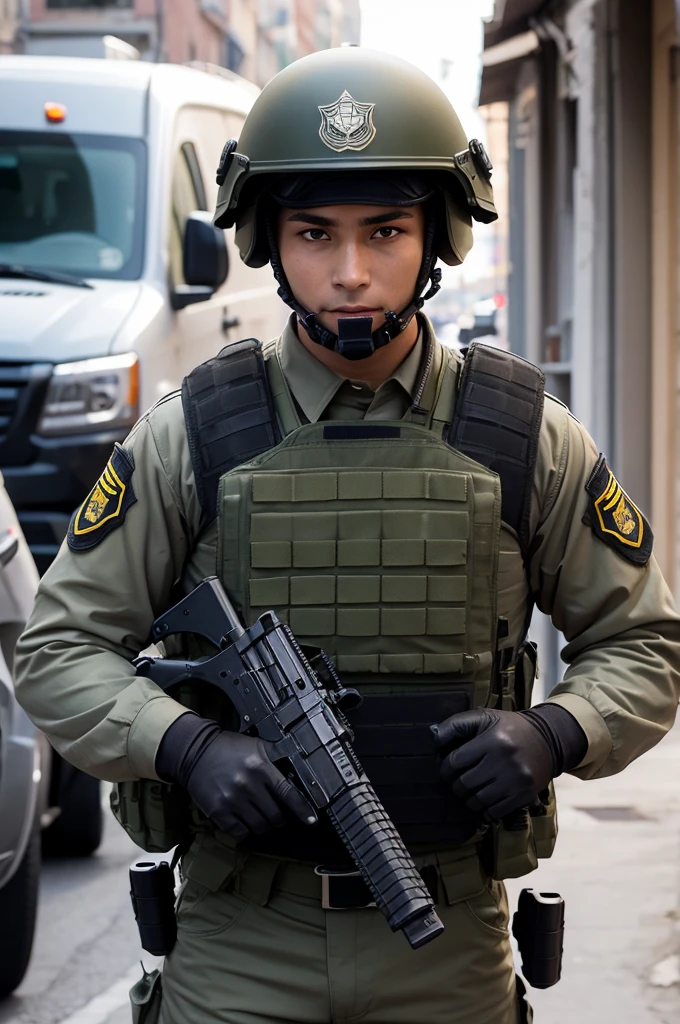 swat soldier looking forward armed and equipped