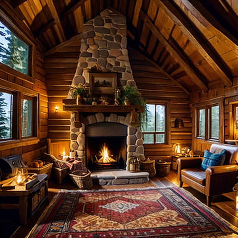((best quality)), ((masterpiece)), (detailed), inside a cabin in the woods, cozy, warm, indoors, pot, candle, no humans, wall, window