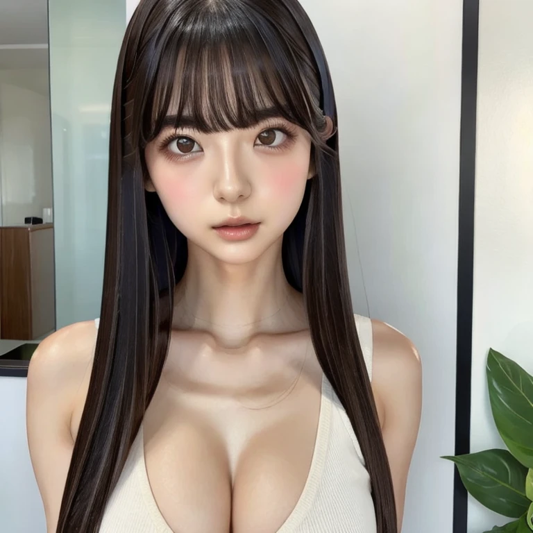 kura,solo girl, Asian, bangs, dark eyes, black hair, blunt bangs, chest, white background, brown eyes, brown hair, closed mouth, clavicle, mid-chest, lips, long hair, looking at viewer, nose, medium photo, realistic, alone, upper body