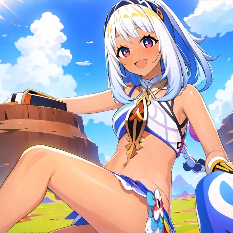 (masterpiece, best quality:1.2), 1girl, solo, Mualani, looking at viewer, tanned skin, stand