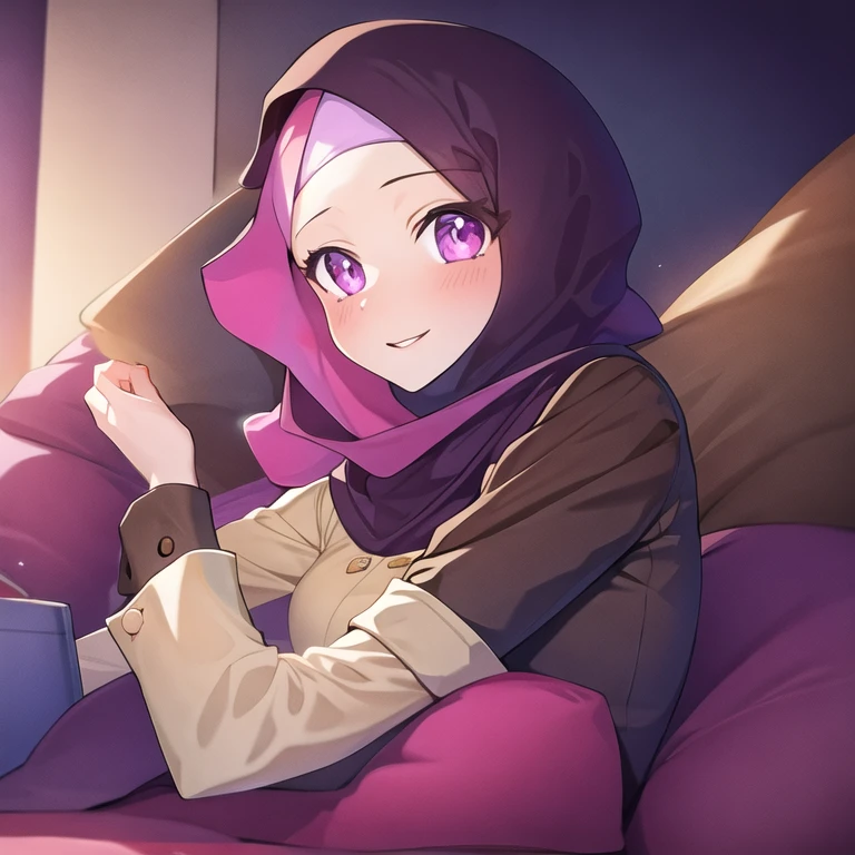 (masterpiece, best quality:1.2), 1girl, solo, wearing hijab, purple/pink eyes,