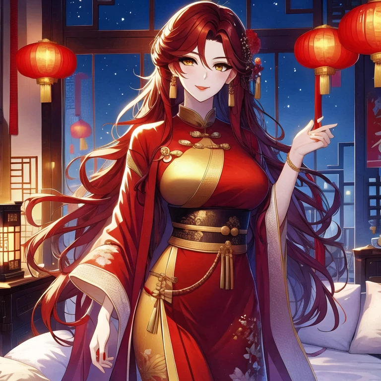 (masterpiece, best quality:1.2), 1women, xian mei, solo, chinese clothes, ultra long skirt, golden eyes, long red curly hair, jewellery, perfect anatomy