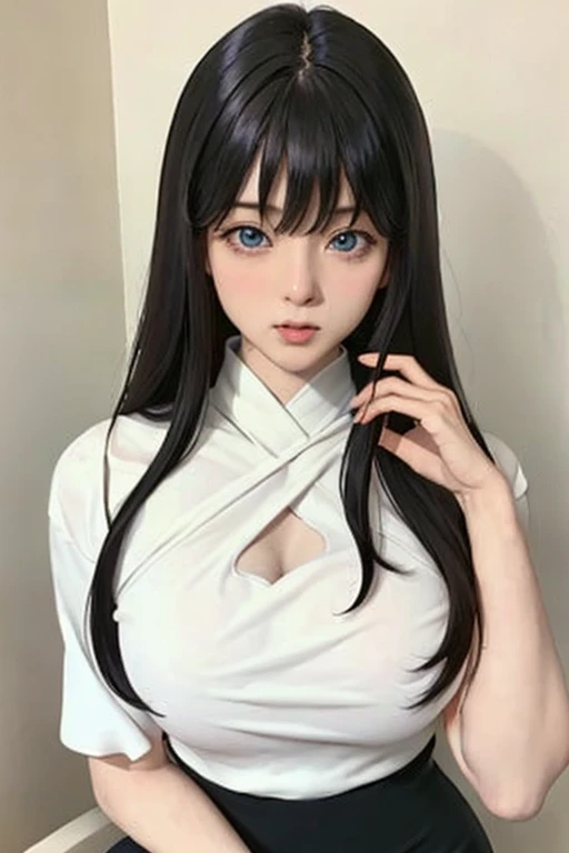 (((完美身材,White and tender skin,(((白色开衫羊毛粉色小妈裙))),(((hyuugahin, "black long hair", blue eyes,blunt bangs))),((杰作)),高分辨率, ((Best 质量 at best)),杰作,质量,Best 质量,((( 精致的五官,看着观众,眼睛里有光,脸红,高兴,笑))),))),(((光影交错,巨大的胸部,))),(((看着镜头,黑色背景))))