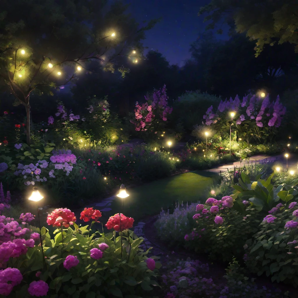 (masterpiece, best quality:1.2), Night, garden, light, dark, flowers