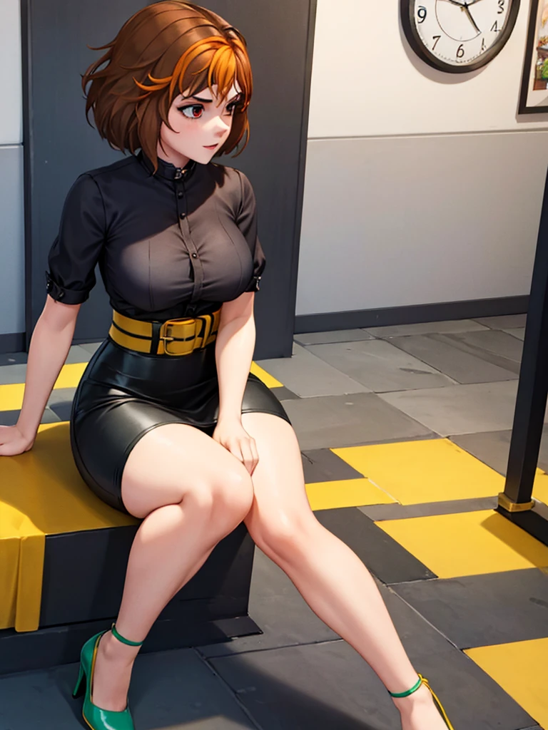 merula, thighs, tonified legs, solo girl, yellow high heels, wide hips, medium breast, yellow string belted skirt, sitting