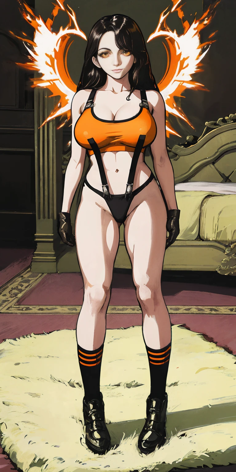 Female funger lying in bed, full body, standing, straight, symmetrical, looking at the viewer, very detailed illustration, 1solitaria, big breasts, high resolution, high quality, Masterpiece, looking at the viewer (female knight) orange long hair, absurdities, ultra detailed, (8k, Best Quality, Masterpiece:1.2) (realist, fotorrealista:1.37) (whole body) legs apart (wide stance) standing in front, ultra detailed, 1 girl,beautiful, alone (feminine works) (big breasts:1.5) (Beautiful detailed eyes) (SMILE:1.2) (Closed mouth), sharp focus, depth of field, Good composition, very long straight hair, hair explosion ((Orange_eyes)) intricate, bokeh (Tetsuya Nomura style) perfect breasts, White tank top, black thong, suspenders, gloves, socks, Toned body, athletic, Wide hips, thin waist, toned arms, exposed abdomen