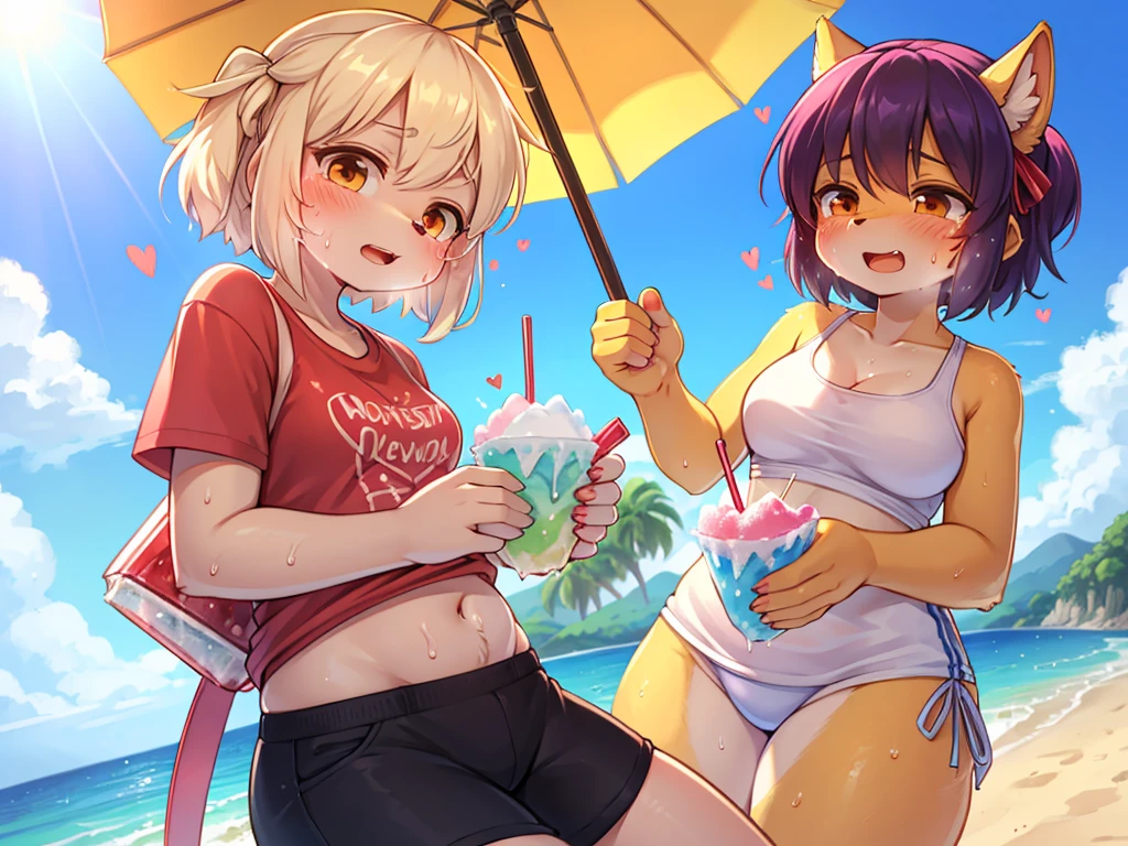 clothed Woman with hyperhidrosis , Sweat oozing out , Sweltering heat , My heart is beating fast with anticipation , shaved ice , summer sunny day