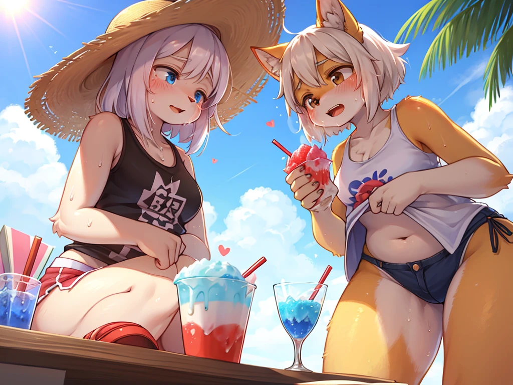 clothed Woman with hyperhidrosis , Sweat oozing out , Sweltering heat , My heart is beating fast with anticipation , shaved ice , summer sunny day