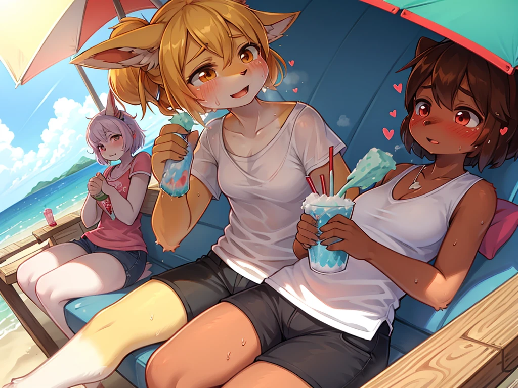 clothed Woman with hyperhidrosis , Sweat oozing out , Sweltering heat , My heart is beating fast with anticipation , shaved ice , summer sunny day