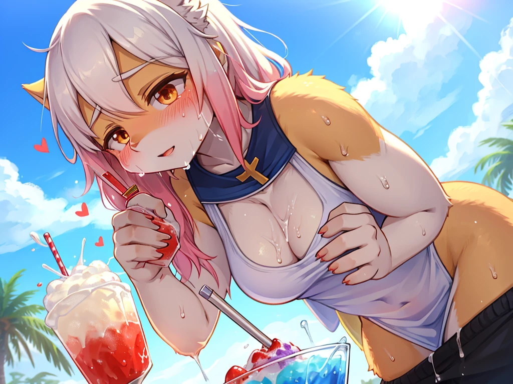 clothed Woman with hyperhidrosis , Sweat oozing out , Sweltering heat , My heart is beating fast with anticipation , shaved ice , summer sunny day , Pouring holy water on shaved ice