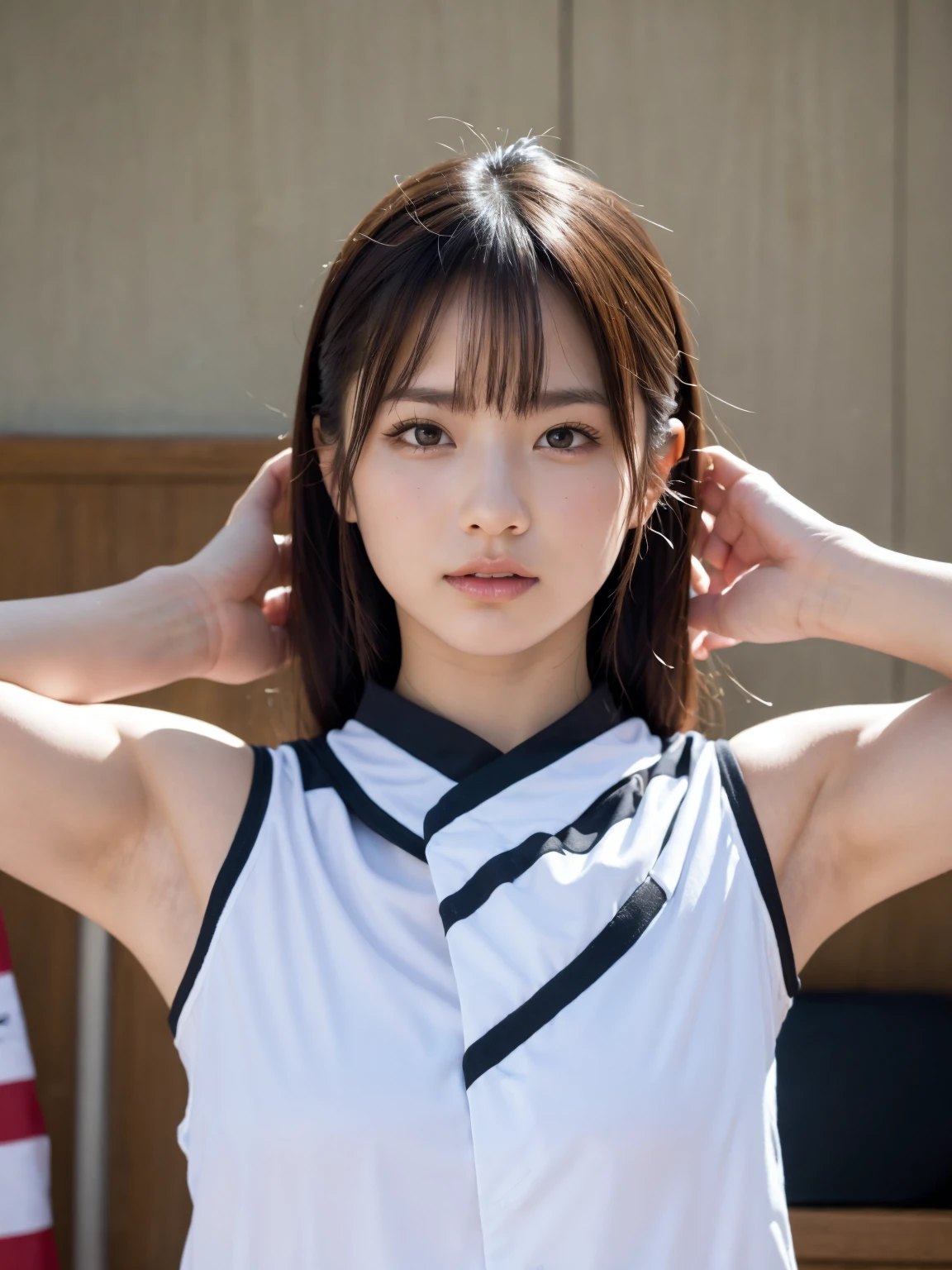 (8K, RAW Photos,Highest quality, High resolution:1.1), (Ultra-realistic:1.4),(Realistic, Realistic:1.3),The Beauty of Japan、Rhythmic gymnastics club、Rhythmic Gymnastics Uniform、((Upper Body:1.3)),holding panties