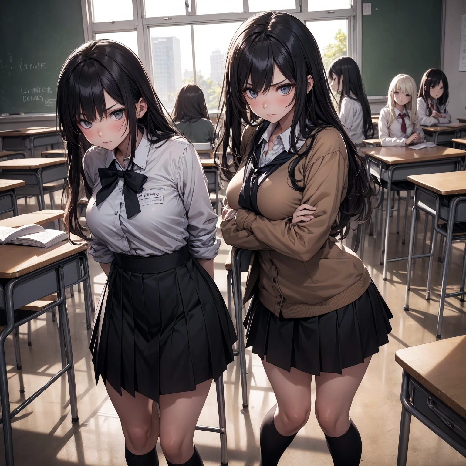 Bad group of female students, (In the classroom), snap shot、Revealing clothing、Various Hair Styles, Harem,Evil friend、 lure、Taunt、Bitch、Bad pose、Acting tough、Post-apocalyptic,Rough classroom、 Detailed aspect, Short skirt, lureする, , Dirty body, Broken glass