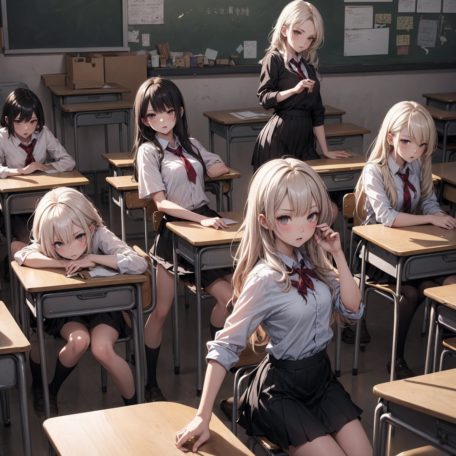 Bad group of female students, (In the classroom), snap shot、Revealing clothing、Various Hair Styles, Harem,Evil friend、 lure、Taunt、Bitch、Bad pose、Acting tough、Post-apocalyptic,Rough classroom、 Detailed aspect, Short skirt, lureする, , Dirty body, Broken glass