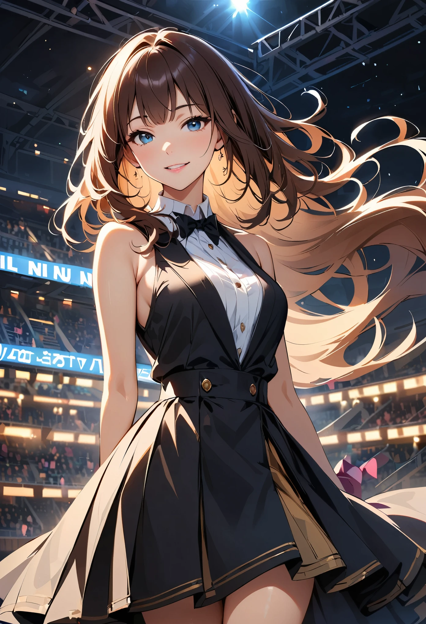 Iris, woman1名, (woman)), alone, Genuine, Highest quality, photoGenuineistic, masterpiece, 8K, High Definition, alone, HDTV Face, Soft lighting, stage, ((Daytime)), null, (looking at the camera), (Portraiture: 0.6), whole body, (Medium Hair), ponytail, Brown Hair, Floating Hair, lips, lipstick, seductive smile, Floating Hair, smile, Open your mouth, teeth, eyelash, Nogizaka46, Idol, beautiful girl, ((Idolユニフォーム)), (((Are standing))