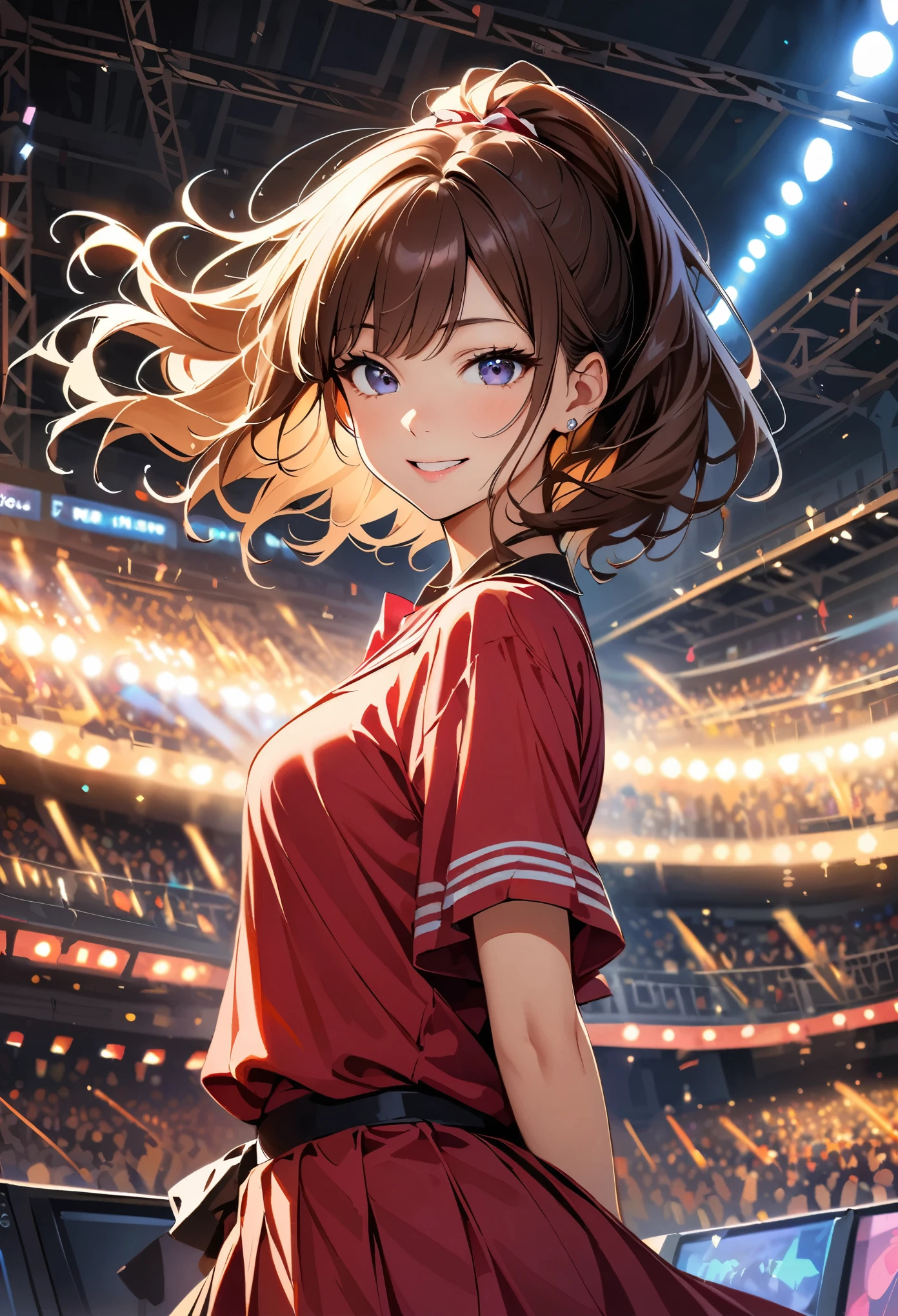 Iris, woman1名, (woman)), alone, Genuine, Highest quality, photoGenuineistic, masterpiece, 8K, High Definition, alone, HDTV Face, Soft lighting, stage, ((Daytime)), null, (looking at the camera), (Portraiture: 0.6), whole body, (Medium Hair), ponytail:1.1, Brown Hair, Floating Hair, lips, lipstick, seductive smile, Floating Hair, smile, Open your mouth, teeth, eyelash, Nogizaka46, Idol, beautiful girl, ((Idolユニフォーム)), (((Are standing))