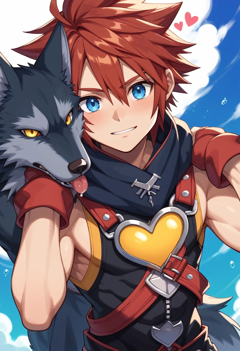 Kingdom hearts、((sky))、A young boy and a wolf、cute、Blue Eyes、Spiky hair、I am going to cry、（A young boy is violently violated from behind by a jet black furred wolf with glowing yellow eyes.）、（((bestiality))）、(Intense 、Ejaculating Semen)、In the dark forest、Wolf with heart pattern on chest