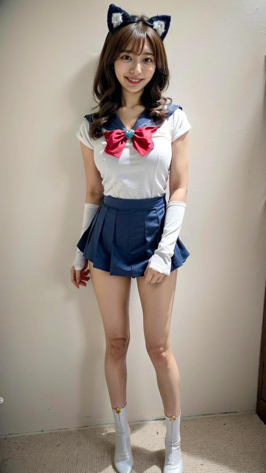 (8K、RAW Photos、Highest quality、masterpiece:1.2)、(Realistic、Realistic)、1 Girl、((Sailor Moon Costume:1.2、Thin legs、whole body、View from the front、smile、Looking into the camera、Hold your skirt with both hands and show me your panties))、cute