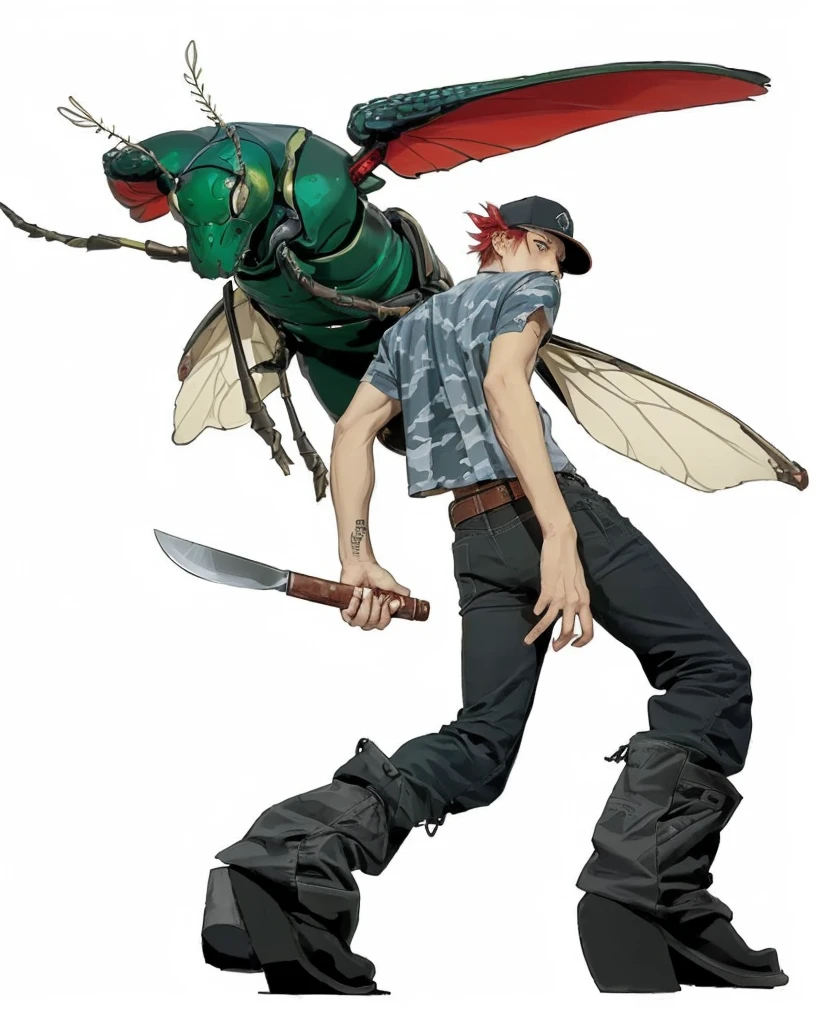 The character is a tall, lean figure with a casual yet edgy style. He wears a dark baseball cap with a red bandana tied around the back, partially visible under the cap. He also sports sunglasses, giving him a cool, mysterious look. His hair is short and red, visible at the back and sides. He wears a loose, short-sleeved, camouflage-patterned shirt in shades of blue and gray, which hangs untucked over his black jeans. His jeans are decorated with numerous straps and buckles, adding to his rugged appearance. The pants are tucked into oversized black combat boots, each adorned with multiple buckles and a white star near the bottom. The character is in a dynamic, action-ready pose, standing with his legs apart and slightly bent. His upper body is twisted, with his right hand holding a large, menacing knife down by his side, while his left hand is slightly extended behind him. His head is turned towards the viewer, with a stern, focused expression. The insect is a large, detailed depiction of a beetle with exaggerated features. It has a shiny, dark green exoskeleton, with intricate lines and textures highlighting its segments. The insect's head is large and menacing, with prominent eyes and antennae that curve and twist. The beetle's wings are extended, showcasing their size and detail. The wings are a light, almost translucent beige, with the underside showing a vivid red, adding a striking contrast to its green body. The beetle is positioned behind the character, with its body angled to the side. The character's left arm appears to be interacting with the beetle, as if he is either summoning it or controlling it in some manner. The background is plain white, putting the entire focus on the character and the insect, emphasizing their details and dynamic poses