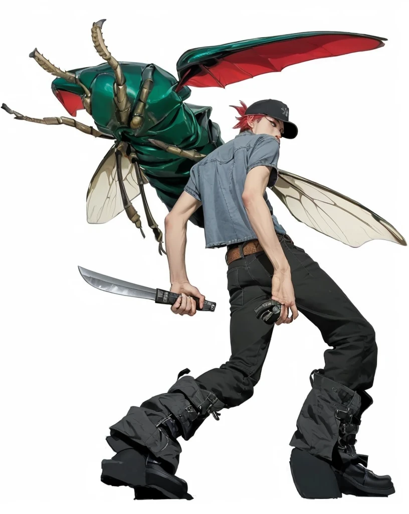 The character is a tall, lean figure with a casual yet edgy style. He wears a dark baseball cap with a red bandana tied around the back, partially visible under the cap. He also sports sunglasses, giving him a cool, mysterious look. His hair is short and red, visible at the back and sides. He wears a loose, short-sleeved, camouflage-patterned shirt in shades of blue and gray, which hangs untucked over his black jeans. His jeans are decorated with numerous straps and buckles, adding to his rugged appearance. The pants are tucked into oversized black combat boots, each adorned with multiple buckles and a white star near the bottom. The character is in a dynamic, action-ready pose, standing with his legs apart and slightly bent. His upper body is twisted, with his right hand holding a large, menacing knife down by his side, while his left hand is slightly extended behind him. His head is turned towards the viewer, with a stern, focused expression. The insect is a large, detailed depiction of a beetle with exaggerated features. It has a shiny, dark green exoskeleton, with intricate lines and textures highlighting its segments. The insect's head is large and menacing, with prominent eyes and antennae that curve and twist. The beetle's wings are extended, showcasing their size and detail. The wings are a light, almost translucent beige, with the underside showing a vivid red, adding a striking contrast to its green body. The beetle is positioned behind the character, with its body angled to the side. The character's left arm appears to be interacting with the beetle, as if he is either summoning it or controlling it in some manner. The background is plain white, putting the entire focus on the character and the insect, emphasizing their details and dynamic poses