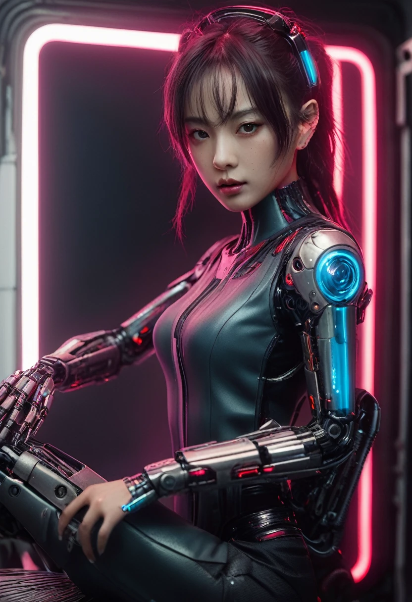 xxmixgirl. Highly detailed professional 35mm film, bokeh, face in sharp focus. A robotic female, Miku, with ((metal skin)), ((perfect Asian eyes)) with magenta irises and ((black pupils)), beautiful serious (detailed face), 18 year old ((photorealistic face)), very long magenta twin tails of magenta hair, twin black hair ties with a single red stripe. She may have a black audio headpiece. We can see her ((full body)) down to her boot soles. Her outfit is a sleeveless collared light grey shirt, outlined in red around the frilled collar and hems. Shiny reflective ((metallic breast cups, dimpleless)), invisible nipples. She wears black sleeves with red hems that start around her upper arm and bellow out as the sleeves open and extend to her wrists, with wide trumpet red rimmed cuffs. She has perfect robotic (detailed hands). She wears a red colored tie with two horizontal solid parallel black lines halfway across. She wears a fabric black skirt with a horizontal red hem at the bottom all the way around; her (((black skirt wraps around her))) and ((her skirt completely covers)) her robotic waist and thighs. Tall black boots with red bottom soles, a red rim around the top at her thighs. Her mechanical shoulder joints are visible. We can see her robotic legs and robotic neck. Half of her is covered with shiny polished machinery. The background is a distant dark neon futuristic Japanese city, gold, cyan, violet neon, near harbor or mountains.