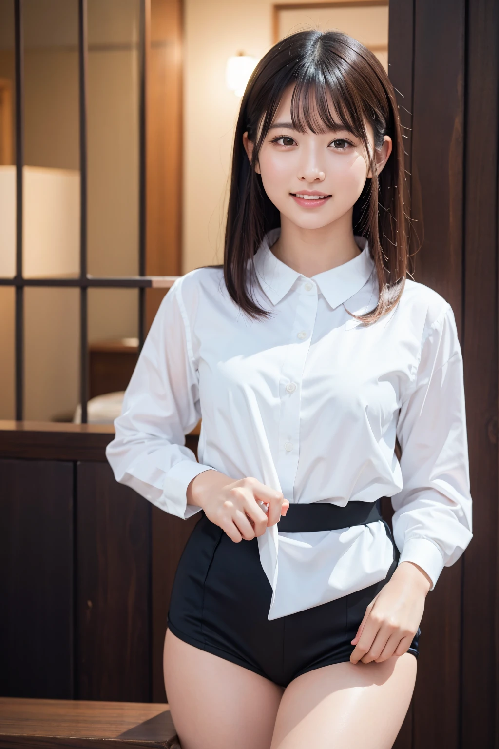 (Tabletop:1.3), (8K, Realistic, RAW Photos, Highest quality: 1.4), Japanese, (One Girl), Beautiful Face, (Realistic Face), (Black Hair), Beautiful hairstyle, Realistic eyes, Beautiful attention to detail, (Realistic Skin), Beautiful Skin, Charm, Ultra-high resolution, Surreal, Very detailed, Golden Ratio,.)、One girl、cute、Laughter、Mouth closed、Beautiful details、Beautiful nose down to the last detail、Esbian all over、Wet your hair、Giant Dalcefo、pork、、Thighs Thighs Thighs Thighs