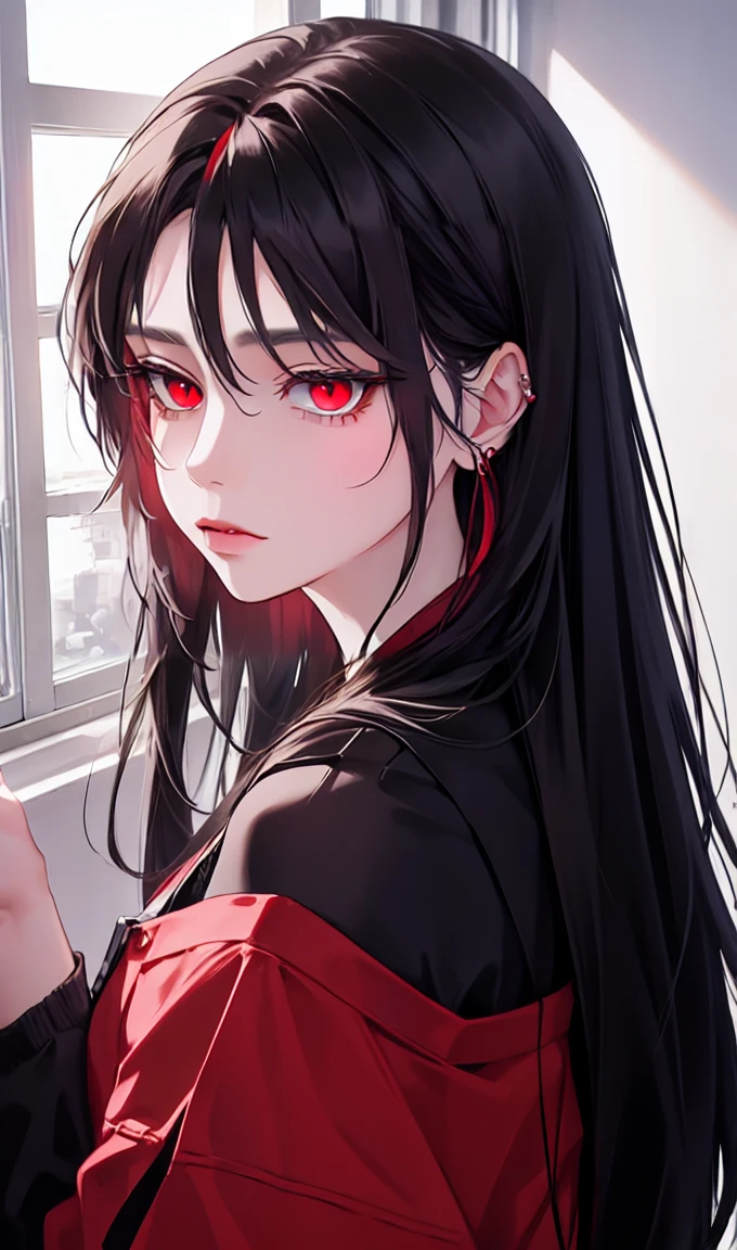 1girl, earrings, solo,lips, female focus, red eyes, looking at viewer, black hair, long hair, closed mouth