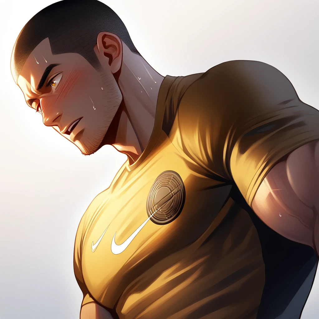 1muscular sportsman, Athlete, male focus, Buzz Cut, Yellow and black tight T-shirt, There is a Nike logo on the chest, Very tight, muscular male, muscular, only, Upper body, alone, look to the side, short hair, stubble, sweat, black hair, Yellow eyes, open lips, White background, simple background, amazing quality, best aesthetics, Ridiculous, crew cut, moaning, blush, chiaroscuro, cinematic lighting, best quality, textured skin