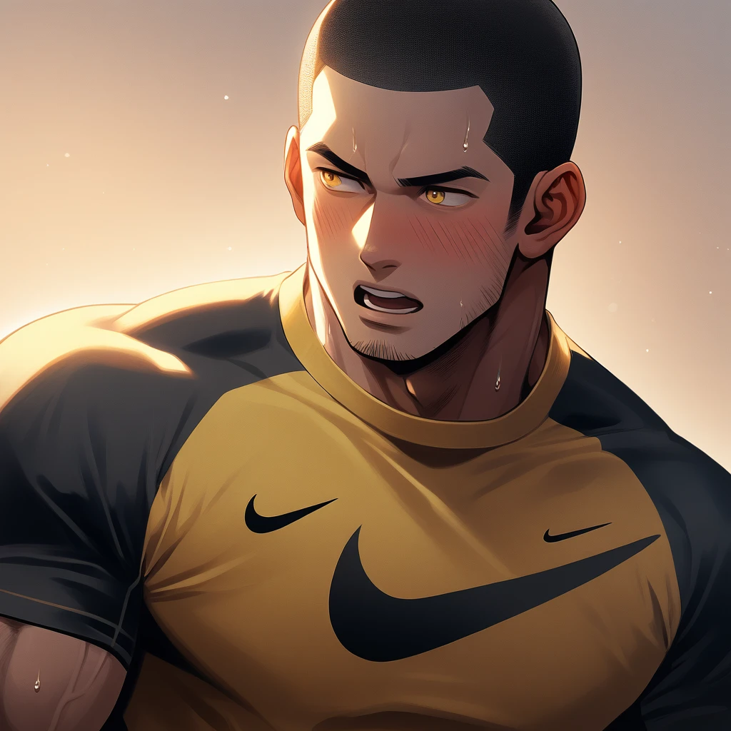 1muscular sportsman, Athlete, male focus, Buzz Cut, Yellow and black tight T-shirt, There is a Nike logo on the chest, Very tight, muscular male, muscular, only, Upper body, alone, look to the side, short hair, stubble, sweat, black hair, Yellow eyes, open lips, White background, simple background, amazing quality, best aesthetics, Ridiculous, crew cut, moaning, blush, chiaroscuro, cinematic lighting, best quality, textured skin